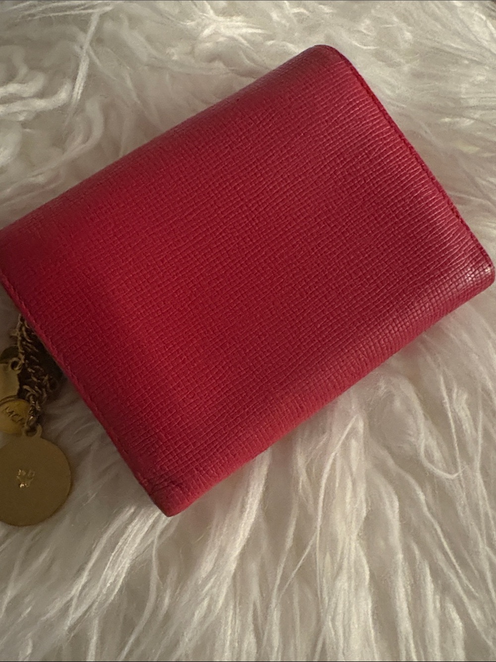 MCM Compact Hot Pink Textured Leather Trifold Wallet with Gold Charms - Picture 7 of 9